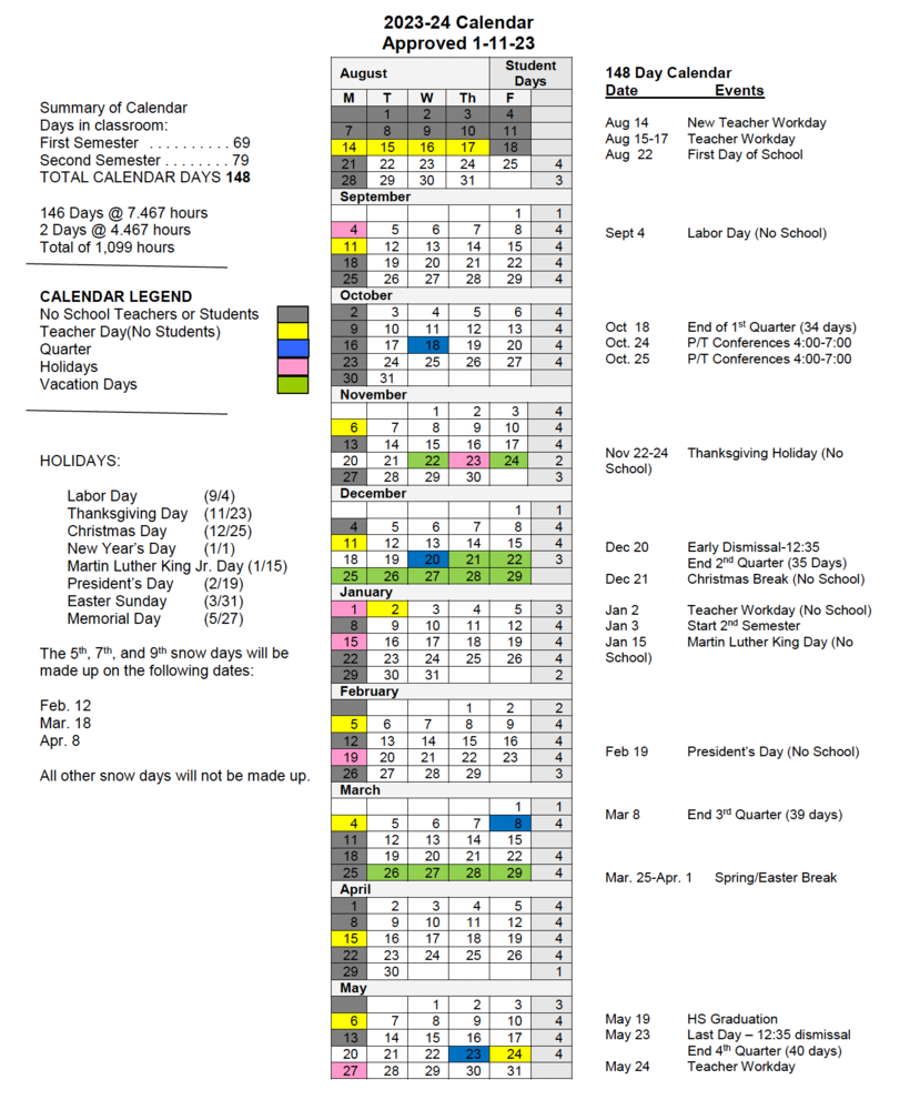 ESD 202324 School Calendar Clarence Cannon Elementary